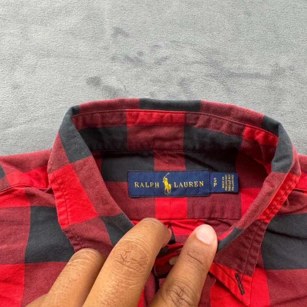 Polo Ralph Lauren Mens Red Black Buffalo Plaid Cotton Button Down Shirt Small
